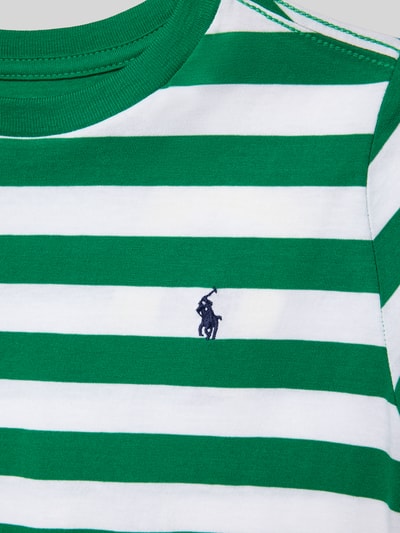 Produktfoto, T-Shirt mit Rundhalsausschnitt und Label-Stitching von Polo Ralph Lauren Kids aus reiner Baumwolle, Regular-Fit, grün-weiß gestreifte Optik, Rückenlänge bei Größe 116: 45 cm