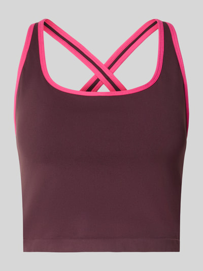 Produktfoto, Cropped Top mit integriertem Bustier von Fabletics aus Elastischer-Material-Mix, Rückenausschnitt, Rückenlänge 13 cm, dunkelrot mit pinken Kanten.