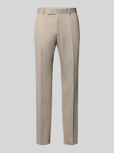 Produktfoto, Slim Fit Anzughose mit Viskose-Anteil Modell 'H-Genius-J-263' von BOSS in hellbeige Melange-Optik, kariertes Muster, Bügelfalten, Label-Detail, seitliche Eingrifftaschen, Gesäßtaschen, Schiebehaken und verdeckter Reißverschluss, Materialverarbeitung: Webware, für Herren