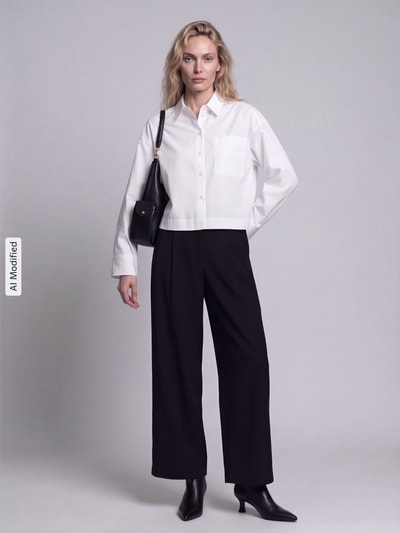 Frauenmodel trägt Boxy Fit Langarmbluse aus reiner Baumwolle Modell 'DANNIE' von Selected, weiße Bluse, schwarze Hose, Glattledertasche, schwarze Schuhe, dezente Farben, klar geschnittene Formen, glatte Texturen, Ganzkörperansicht von vorne, KI-modifiziertes Bild.