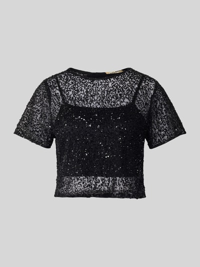 Produktfoto, Cropped T-Shirt aus Mesh mit Pailletten von LACE & BEADS, czarny, półprzezroczysty, cekiny, okrągły dekolt, długość 41 cm dla S