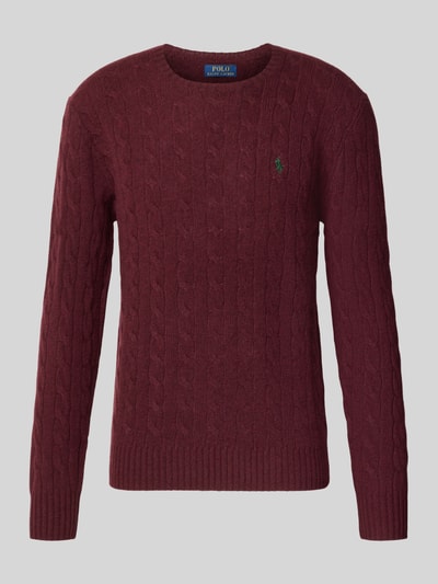 Produktfoto, Regular Fit Pullover aus Woll-Kaschmir-Mix von Polo Ralph Lauren in Dunkelrot mit Zopfmuster, weiche Textur, Herren Pullover