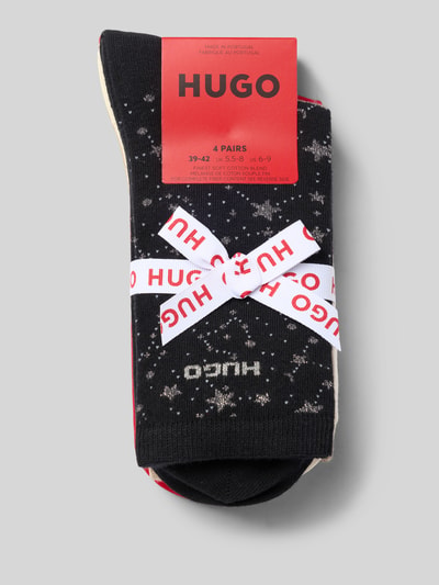 Produktfoto, Socken aus Baumwoll-Mix im 4er-Pack von HUGO, schwarz mit weißen Mustern, Label und Schleife, Damen Socken von HUGO