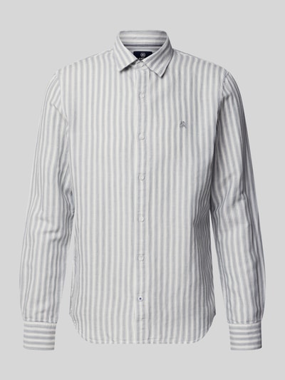 Produktfoto, Regular Fit Freizeithemd aus Leinen-Mix mit Kentkragen von Lerros, Streifenmuster in Grau und Weiß, Baumwoll-Leinen-Mix, Knopfleiste, Logo-Stitching, Sportmanschetten, Rückenlänge 75 cm, Schulterbreite 40 cm, Ärmellänge 68 cm bei Größe M.