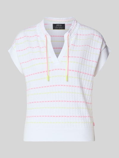 Produktfoto, Regular Fit Oberteil aus Lyocell-Mix in Strick-Optik von Marc Cain mit V-Ausschnitt, Kappärmel, elastischer Tunnelzug, pastellfarben gestreift, Damen, Rückenlänge 59 cm bei Größe 36, Lyocell-Mix mit Baumwoll-Anteil