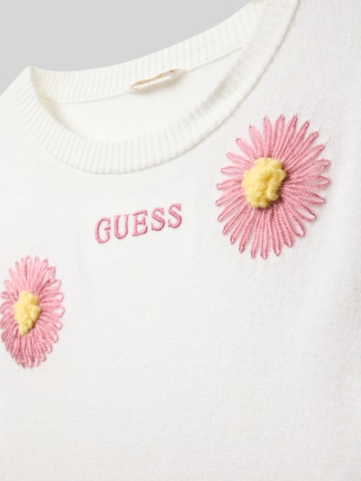 Guess Regular Fit Longsleeve in Strick-Optik mit floralem Zierbesatz Ecru 2