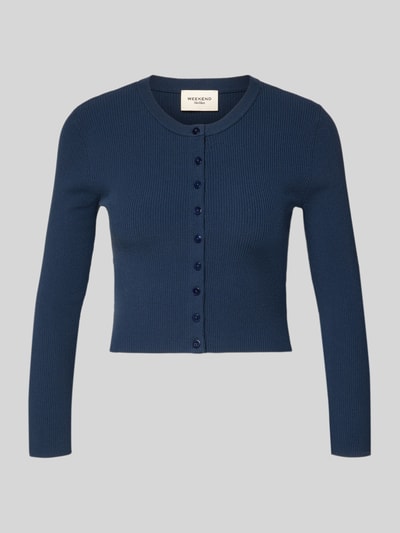 Produktfoto, dunkelblaue Slim Fit Strickjacke aus Viskose-Mix Modell 'WKDTENNIS' von Weekend Max Mara, fein gerippte Textur