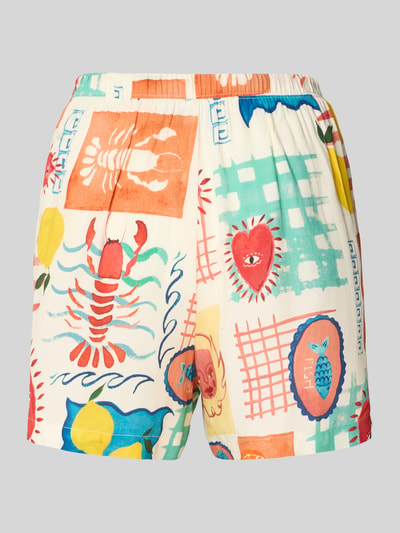 Produktfoto, Relaxed Fit Shorts aus reiner Viskose Modell 'KLARISA' von Pieces, mehrfarbig mit grafischem Muster, Popeline-Struktur, Tunnelzugbund, seitliche Eingrifftaschen