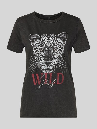 Produktfoto, czarny damski t-shirt z motywem pantery i czerwonym napisem WILD, Regular Fit T-Shirt aus reiner Baumwolle 'ONLLUCY' von ONLY, Damski t-shirt