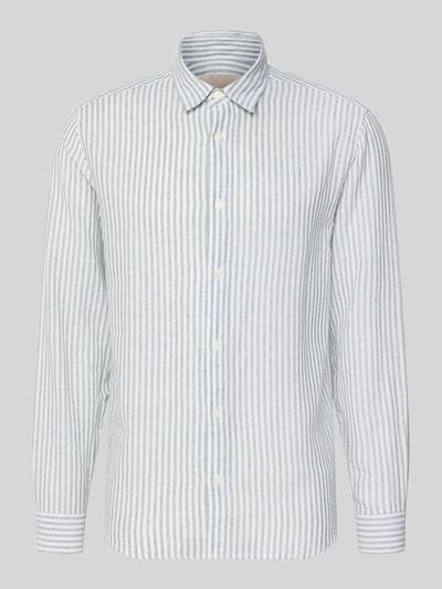 Produktfoto, Regular Fit Freizeithemd aus Leinen-Baumwoll-Mix Modell 'CAIDEN' von Only & Sons, Optik: Allover-Muster, Kentkragen, durchgehend, Label-Patch, Flammgarn, weiße und graue feine Streifen, glatte Textur, Langarm