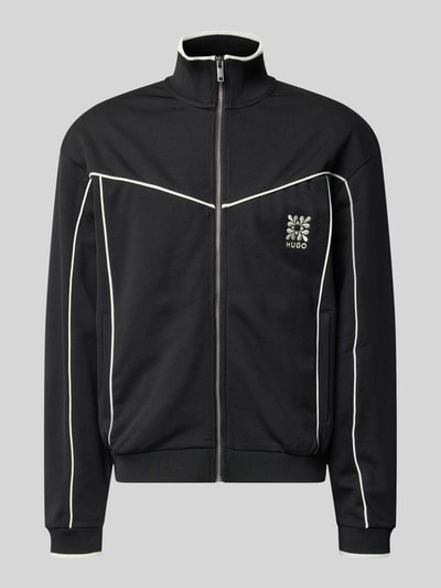 Produktfoto, Relaxed Fit Sweatjacke aus Baumwoll-Mix Modell 'DARYNT' von HUGO in Schwarz mit weißen Kontraststreifen, Reißverschluss, Logo Stitching auf Brust, gerippte Abschlüsse, seitliche Eingrifftaschen, mehrfarbig, strukturierte Oberfläche