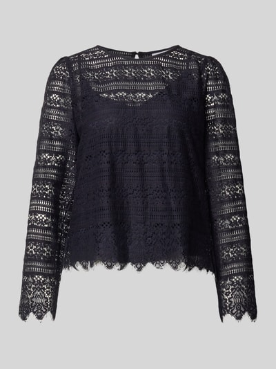 Produktfoto, Blusenshirt aus Spitze mit Rundhalsausschnitt von Comma, Damen, Baumwoll-Mix, Regular-Fit, dunkel, strukturierte Spitze