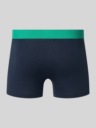 Produktfoto, Slim Fit Trunks aus Baumwoll-Mix im 3er-Pack von SCHIESSER, dunkelblau mit grünem Bund, glatte Oberfläche, Logo-Detail, elastischer Bund