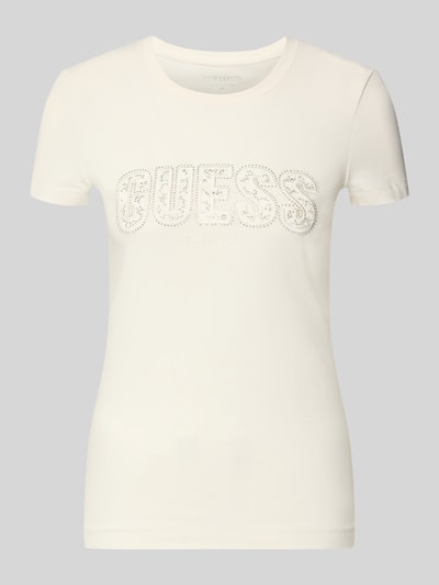 Produktfoto, Slim Fit T-Shirt mit Strasssteinbesatz von Guess aus elastischem Baumwoll-Mix in Weiß mit Rundhalsausschnitt und Logo-Detail.