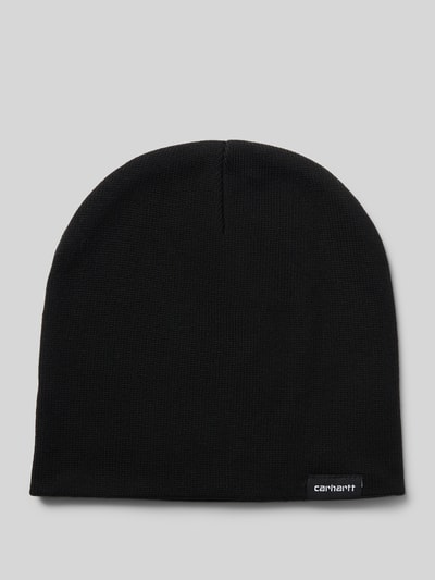 Produktfoto, czarna czapka beanie z mieszanki bawełny z naszywką z logo, Beanie mit Label-Patch Modell 'SCRIPTER' von Carhartt Work In Progress, kontekst: Herren Beanie z mieszanki bawełny, naszywka z logo, Model 'SCRIPTER'.