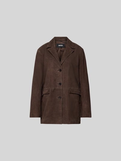 Produktfoto, Blazer aus echtem Ziegenvelours von ROTATE in Dunkelbraun, Oversized Fit, Reverskragen, Knopfleiste, Pattentaschen, glatte Textur