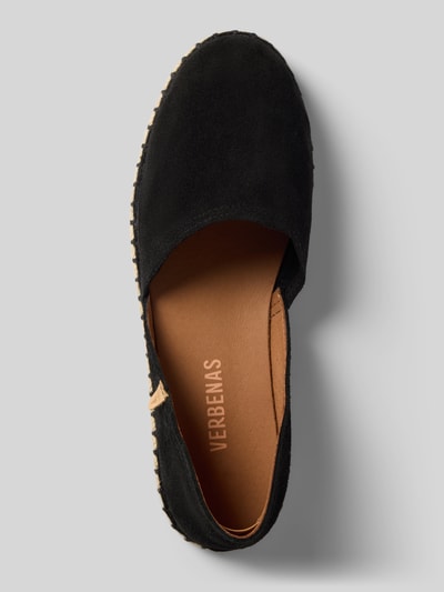 Produktfoto, Espadrilles aus Leder mit Label-Patch Modell 'CARMEN' von Verbenas, schwarze Farbe, strukturierte Sohle, abgerundete Form, 2 cm Absatz, 7 cm Schafthöhe, 5 cm Schaftweite, Echtleder, Ansicht von oben.