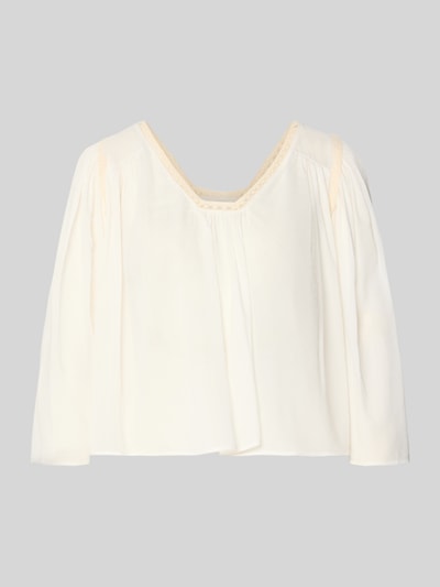 Produktfoto, Cropped Bluse mit 3/4-Arm Modell 'ISMARA' von Drykorn aus Baumwoll-Viskose-Mix, cremefarben, zarte Textur, V-Ausschnitt