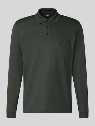 Produktfoto, Regular Fit Poloshirt aus Baumwoll-Mix von RAGMAN in dunklem Grün mit Brusttasche, elastische Abschlüsse, Langarm.