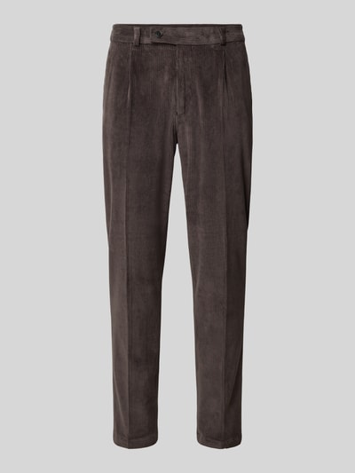 Produktfoto, Slim Fit Hose aus Baumwoll-Mix in Cord-Optik Modell 'Cliffer' von Zuitable in Braun mit Eingriff- und Gesäßtaschen, elastischer Bund, Knopf- und Reißverschluss, Kontext: Herren Hose aus elastischem Baumwoll-Mix, Bundweite 37 cm, Innenbeinlänge 76 cm bei Größe 50
