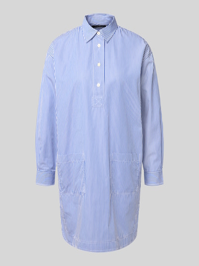 Produktfoto, Oversized Hemdblusenkleid aus reiner Baumwolle von Lauren Ralph Lauren mit Optik:Allover-Muster, Muster: gestreift, Passform: Oversized, Mini-Länge, hochgeschlossenem Ausschnitt, Rückenpasse, Knopfleiste, Ärmelform: Langarm, Manschette, aufgesetzte Eingrifftaschen, Materialverarbeitung: Twillgewebe, reine Baumwolle, Farbkombination aus Weiß und Blau, klare Linien, glatte Textur.