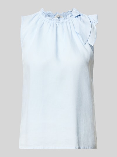 Produktfoto, Regular Fit Bluse aus Viskose-Mix mit Leinen-Anteil von Christian Berg Woman, hellblau, mit Zierschleife, Stehkragen, Rüschenbesatz, Ärmelloses-Design, Rückenlänge 54 cm bei Größe 36