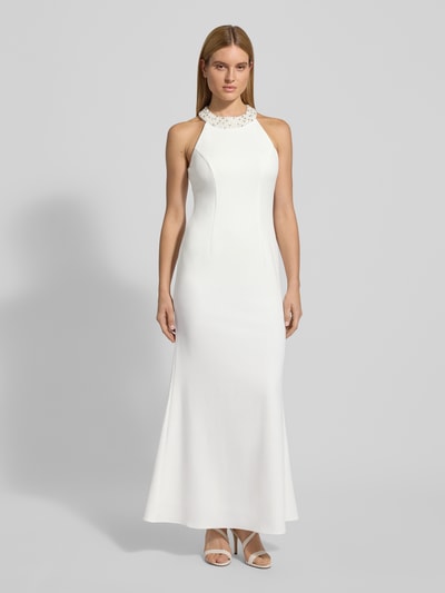 Vrouwenmodel draagt Avondjurk met Neckholder van Adrianna Papell, materiaalmix met stretch, getailleerd model, naadritssluiting, wit, volledig zicht van voren.