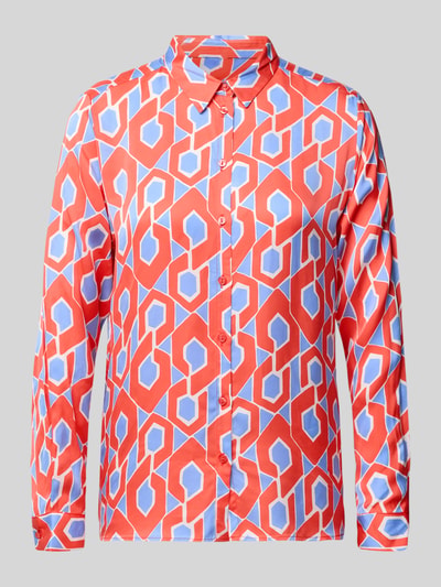 Produktfoto, Slim Fit Hemdbluse aus reiner Viskose von Milano Italy im grafischen Muster in Rot, Blau und Weiß, met lange mouwen, overhemdkraag, doorlopende knoopsluiting, dames overhemdblouse, ruglengte maat 36: 65 cm, mouwlengte maat 36: 62 cm