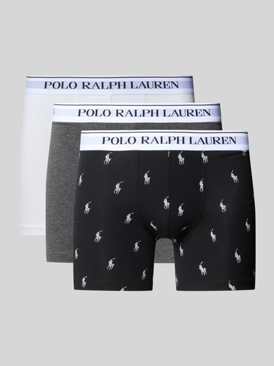 Produktfoto, Trunks aus Baumwoll-Mix im 3er-Pack von Polo Ralph Lauren Underwear, Farben Schwarz, Grau, Weiß, glatte Textur, Gummibund mit Polo Ralph Lauren Logo