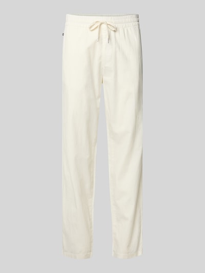Produktfoto, Straight Fit Leinenhose mit elastischem Bund Modell 'Barton' von Matinique, mieszanka lnu i bawełny, jasny odcień, proste nogawki, pas z tunelem, kieszenie z tyłu, szerokość w rozmiarze M: 34 cm, długość wewnętrzna nogawki: 78 cm