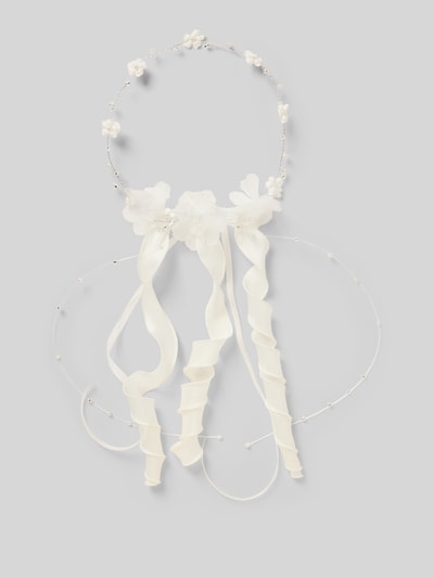 Produktfoto, Haarschmuck mit floralem Zierbesatz von Weise aus Chiffon mit Metallic-Elementen, rundes Design in Weiß, Blumen und Perlen.