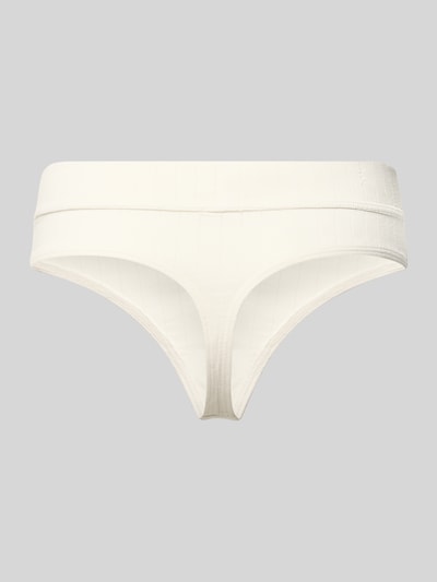 Produktfoto, String aus Baumwoll-Mix Modell 'THONG' von Calvin Klein Underwear, biały, prążkowana struktura, naszywka z logo, elastyczny pas, materiał stretch, damska bielizna