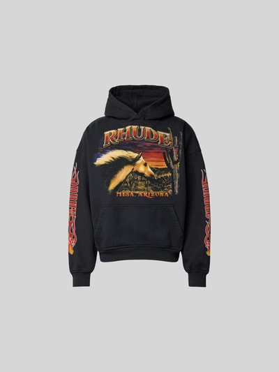 Produktfoto, Hoodie mit Kapuze von RHUDE in Schwarz, reiner Baumwolle, lockerer Schnitt, Label-Print, Känguru-Tasche, Herrenmodell