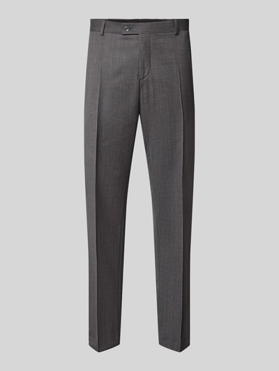 Produktfoto, Straight Fit Hose aus Schurwoll-Mix von bugatti in Grau mit Bundfalten, elastischer Stoff, glatte Textur, neutraler Hintergrund