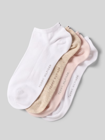Produktfoto, Sneaker-Socken aus Baumwoll-Mix im 4er-Pack von Tommy Hilfiger in Weiß, Beige und Rosa, elastischer Bund, unifarben, Logo-Stitching