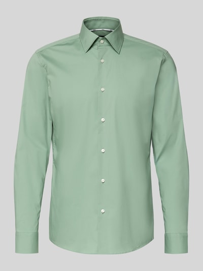 Produktfoto, Slim Fit Businesshemd aus Baumwoll-Mix Modell 'H-HANK-KENT' von BOSS, zielony, gładka faktura, długi rękaw, krój slim fit, kołnierz kent, łatwe prasowanie, stretch