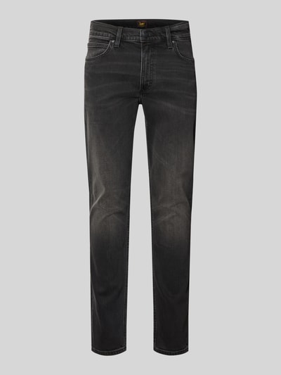 Produktfoto, Slim Fit Jeans im 5-Pocket-Design Modell 'LUKE' von Lee aus schwarzem Baumwoll-Mix mit Stretch, körpernaher Schnitt, Knopf- und Reißverschluss, schlichtes Design auf grauem Hintergrund