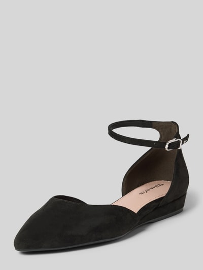 Produktfoto, Ballerina mit Keilabsatz von Ballerina, unifarben schwarz, spitze Schuhspitze, Dornschließe, strukturierte Sohle