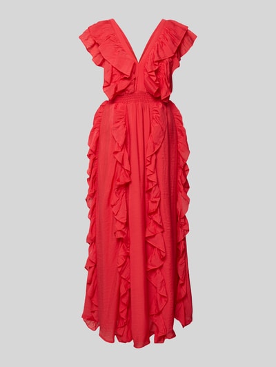 Produktfoto, Maxikleid aus Viskose-Mix mit Rüschenbesatz Modell 'Linala' von YAS in leuchtendem Rot, taillierte Passform, kurzärmelig, V-Ausschnitt, sichtbare Textur, Damen Maxikleid, Rückenlänge bei Größe 36: 135 cm, Brustweite bei Größe 36: 47 cm.
