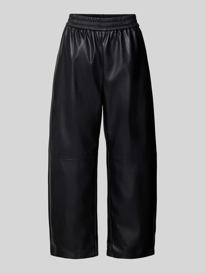 Produktfoto, Barrel Fit Hose in Leder-Optik Modell 'JUST' von SUNCOO PARIS, schwarze Farbe, elastischer Bund, glatte Textur, Damen Hose
