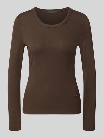 Produktfoto, Regular Fit Langarmshirt aus Baumwoll-Mix von Oui, braun, gerippte Textur, Rundhalsausschnitt, Label-Stickerei, Damen, elastischer Modal-Anteil, Rückenlänge Gr. 36: 56 cm