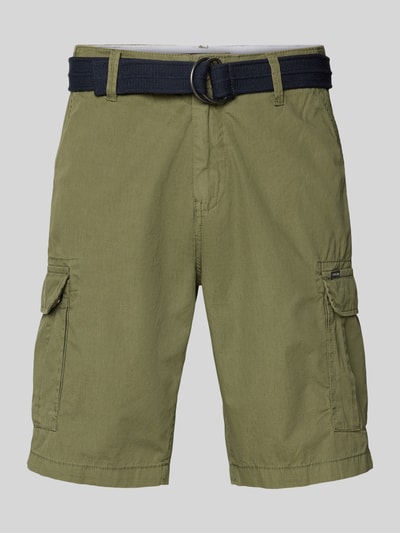 Produktfoto, Regular Fit Bermudas mit Cargo-Taschen von Petrol in Olivgrün aus Reiner Baumwolle mit Gesäßtaschen, Bundweite 45 cm, Innenbeinlänge 27 cm