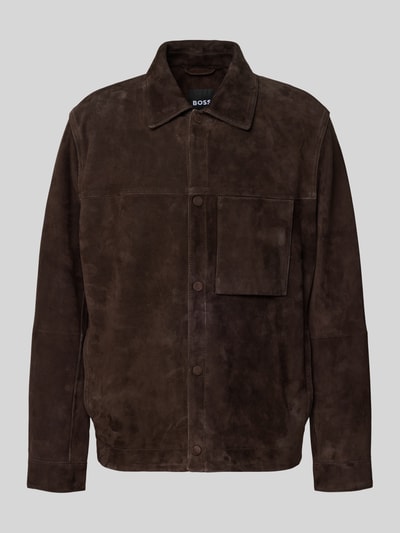 Productfoto, Regular Fit Lederjacke aus echtem Ziegenleder Modell 'C-MOLOT' van BOSS, donkerbruin nubuck, opgestikte borstzak, drukknopen.