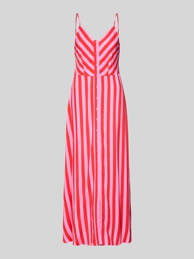Produktfoto, Maxikleid aus Viskose mit Knopfleiste Modell 'SAVANNA' von YAS, rot-rosa Streifen, gerader Schnitt, V-Ausschnitt, Spaghettiträger