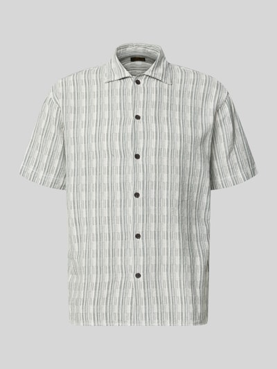 Produktfoto, Regular Fit Freizeithemd mit Kentkragen von Jack & Jones Premium aus Reine Baumwolle mit gestreiftem Muster, 1/2-Arm, Knopfleiste, in Hellgrau mit feiner Struktur, Rückenlänge bei Größe M 72 cm, Schulterbreite 52 cm, Ärmellänge 24 cm.