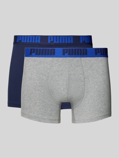 Produktfoto, Trunks aus Baumwoll-Mix im 2er-Pack von PUMA, körpernahe Passform, elastischer Bund mit Label-Detail, marineblau und grau.
