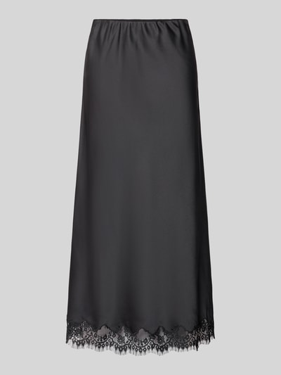 Produktfoto, Ausgestellter Midi-Rock mit elastischem Bund Modell 'JESSA' von PIECES, schwarze Satinoptik, Spitzenkante, Damen Midi-Rock