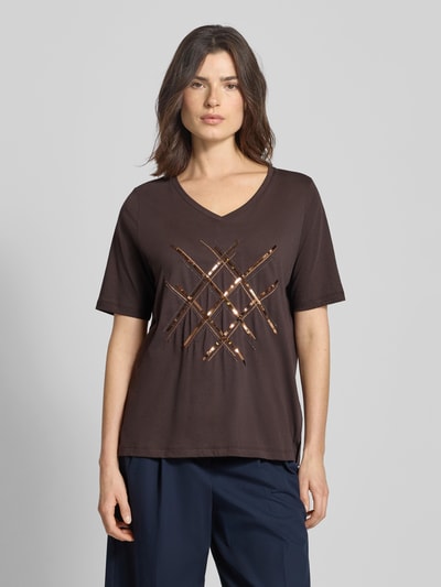 Milano Italy T-shirt z cekinami i dekoltem w serek Czekoladowy 4