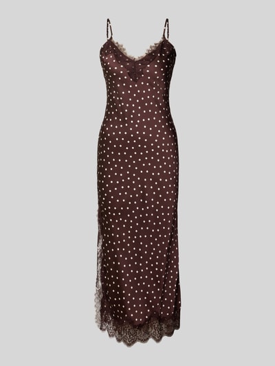 Produktfoto, Cocktailkleid mit Spitzenbesatz Modell 'Jess' von Forever New, braun mit weißen Punkten, Material-Mix mit Viskose-Anteil, Gerader-Schnitt, Midikleid, V-Ausschnitt, Rücklänge 110 cm, Brustweite 34 cm.
