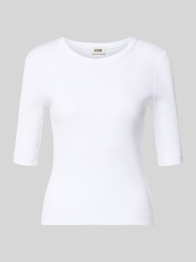 Produktfoto, weißes Damen T-Shirt in Ripp-Optik, Slim-Fit, reine Baumwolle, Rundhalsausschnitt, 1/2-Arm, Modell 'SELAY' von DRYKORN